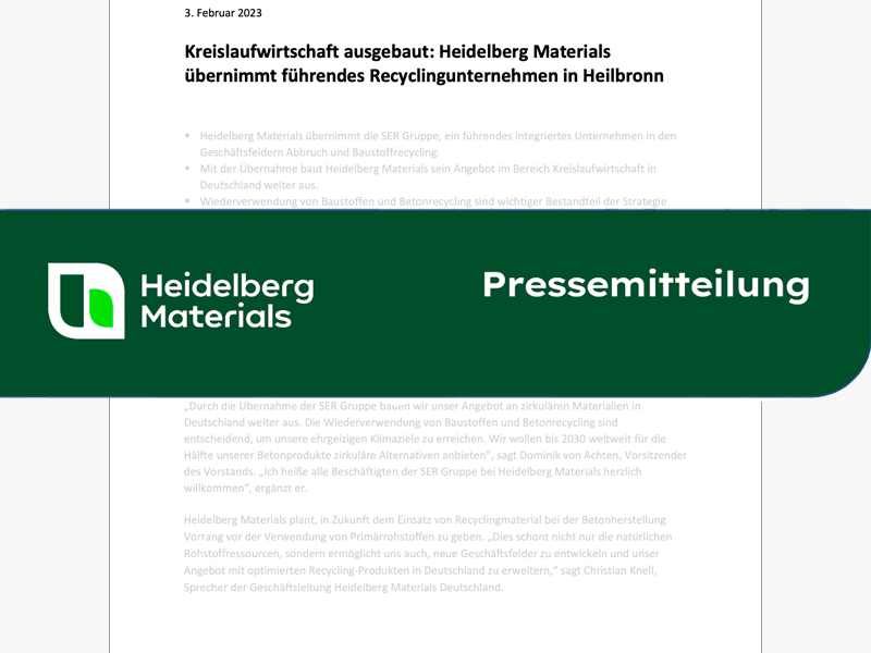 Kreislaufwirtschaft ausgebaut: Heidelberg Materials übernimmt führendes Recyclingunternehmen in Heilbronn